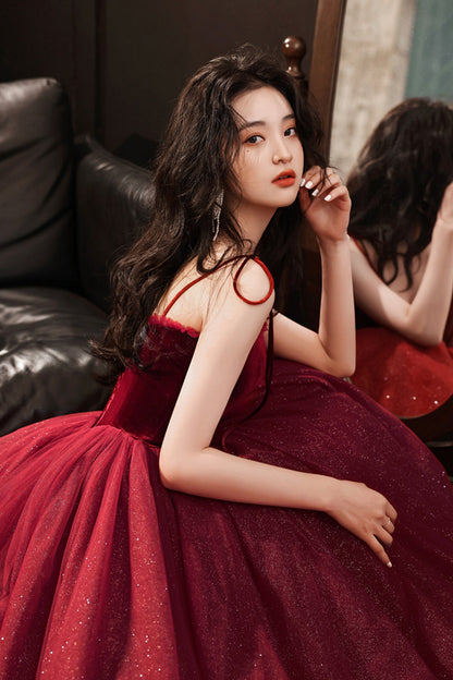 Burgundy tulle short A line prom dress party dress  8788