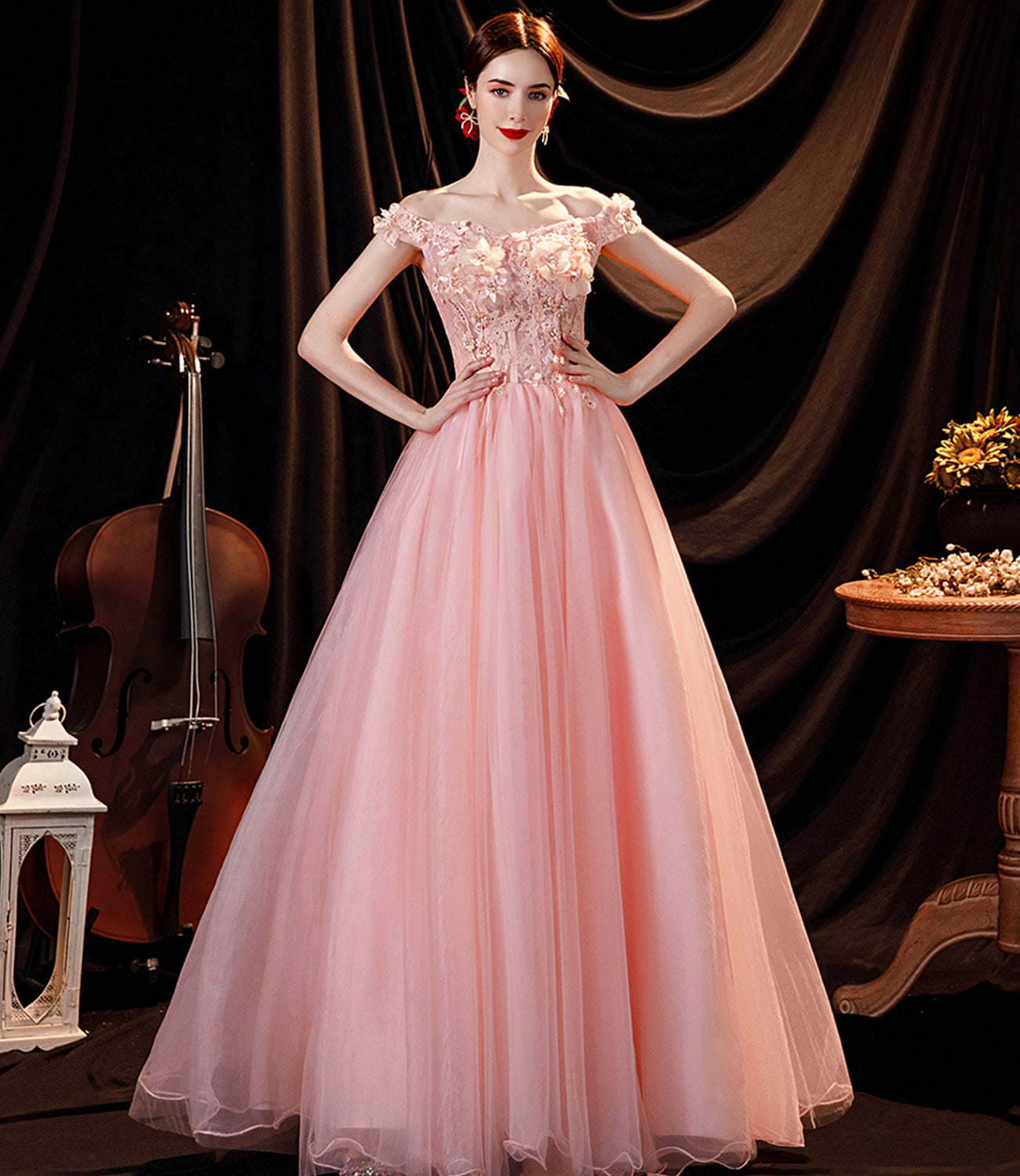 Pink tulle applique long A line prom dress evening dress  8815