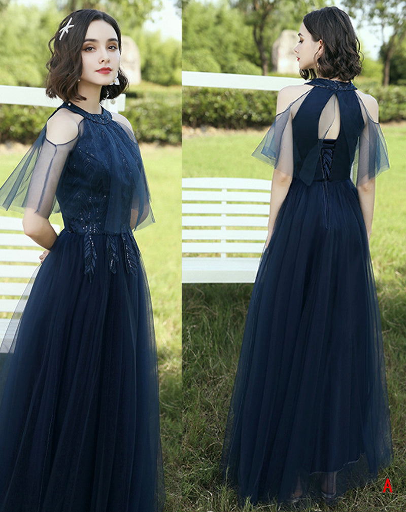 Blue tulle lace long prom dress blue evening dress  8404