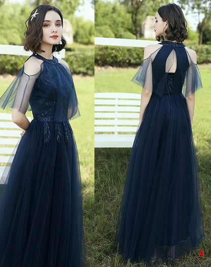 Blue tulle lace long prom dress blue evening dress  8404