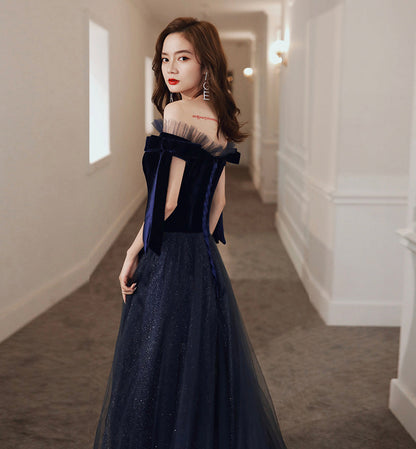Blue velvet tulle long prom dress evening dress  8457