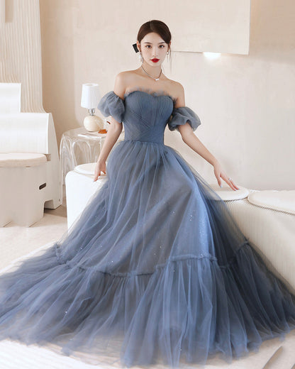 Blue tulle long A line prom dress blue evening dress  8903