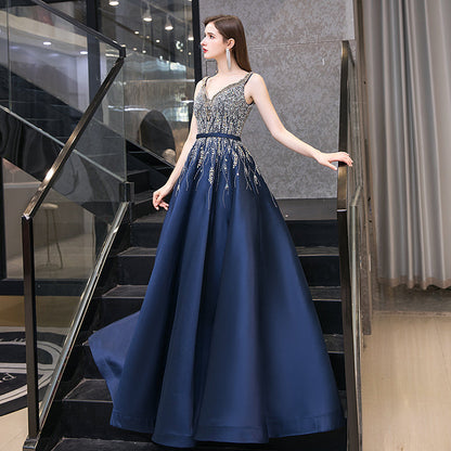 High quality v neck beads long prom dress blue evening dress  8526