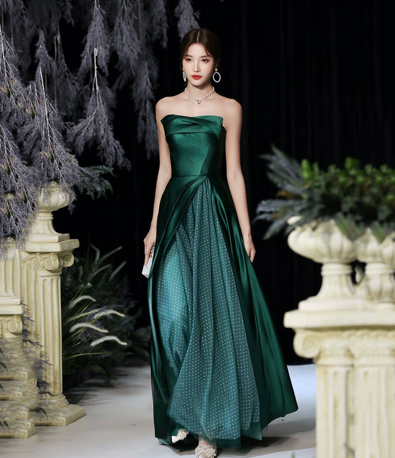 Green satin long prom dress evening dress  8511