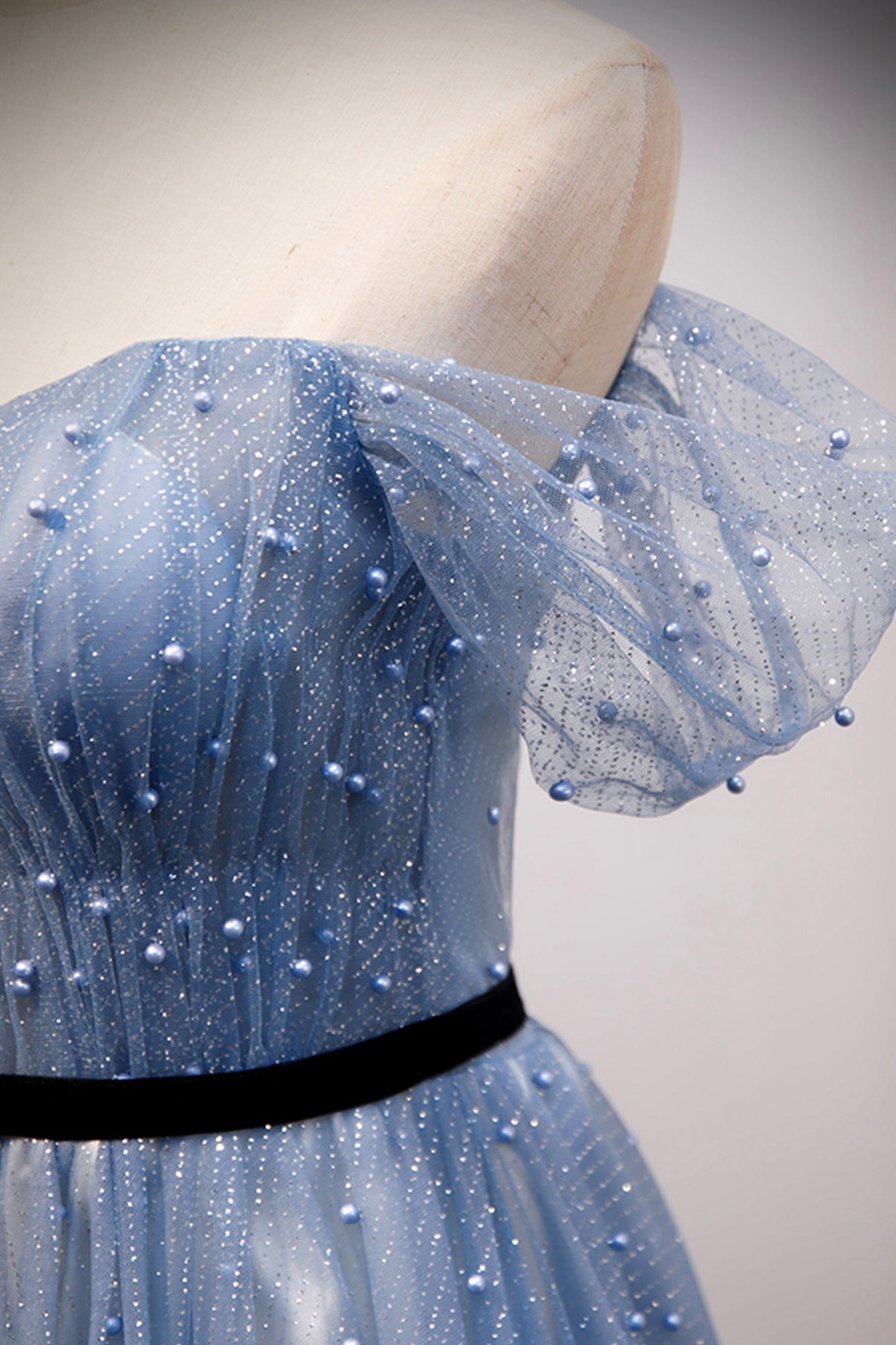 Blue tulle long A line prom dress evening dress  8686