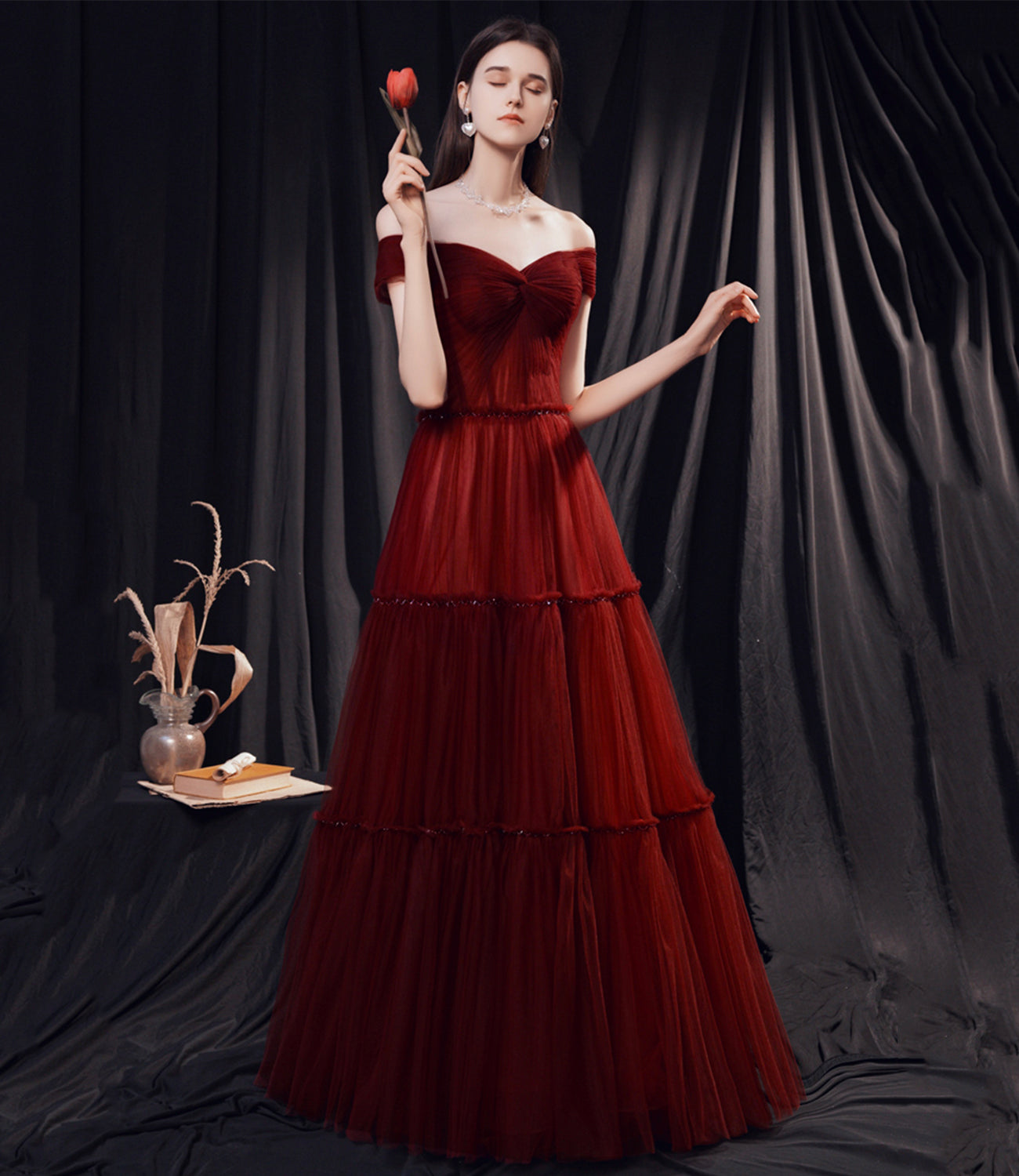 Stylish tulle long prom dress burgundy evening dress  8873