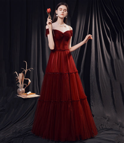 Stylish tulle long prom dress burgundy evening dress  8873