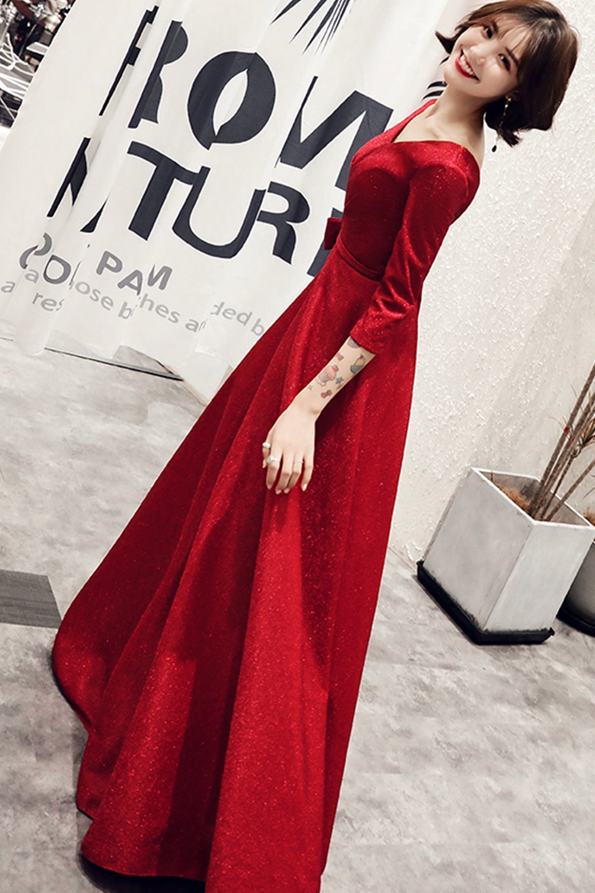 Burgundy v neck long A line prom dress evening dress  8758