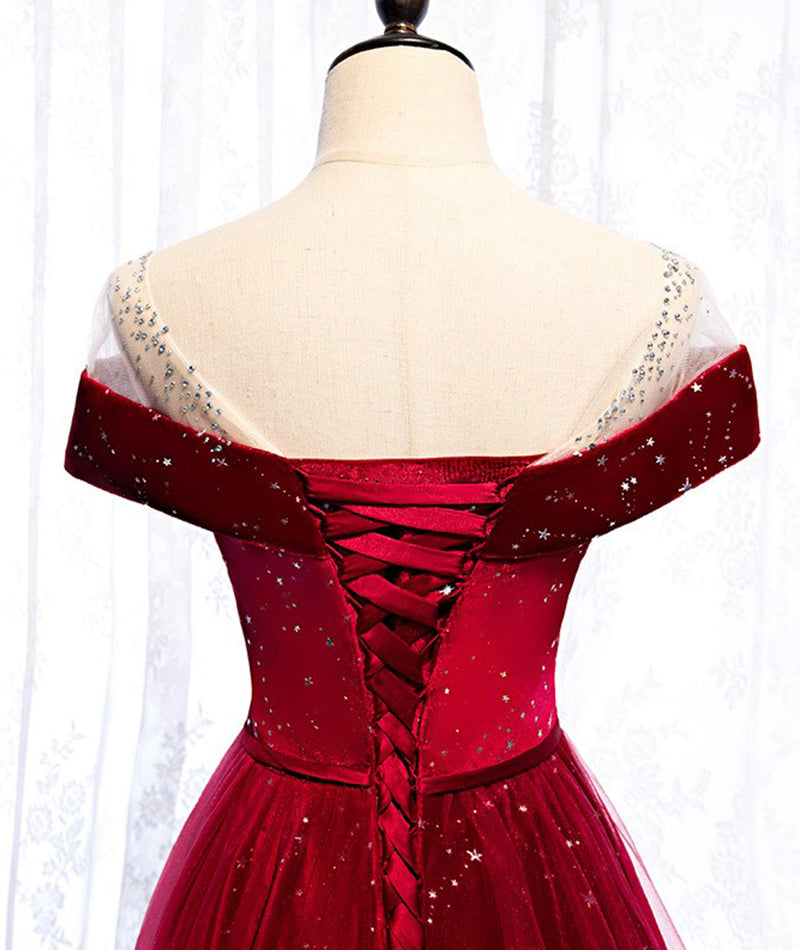 Burgundy velvet tulle long prom dress evening dress  8400