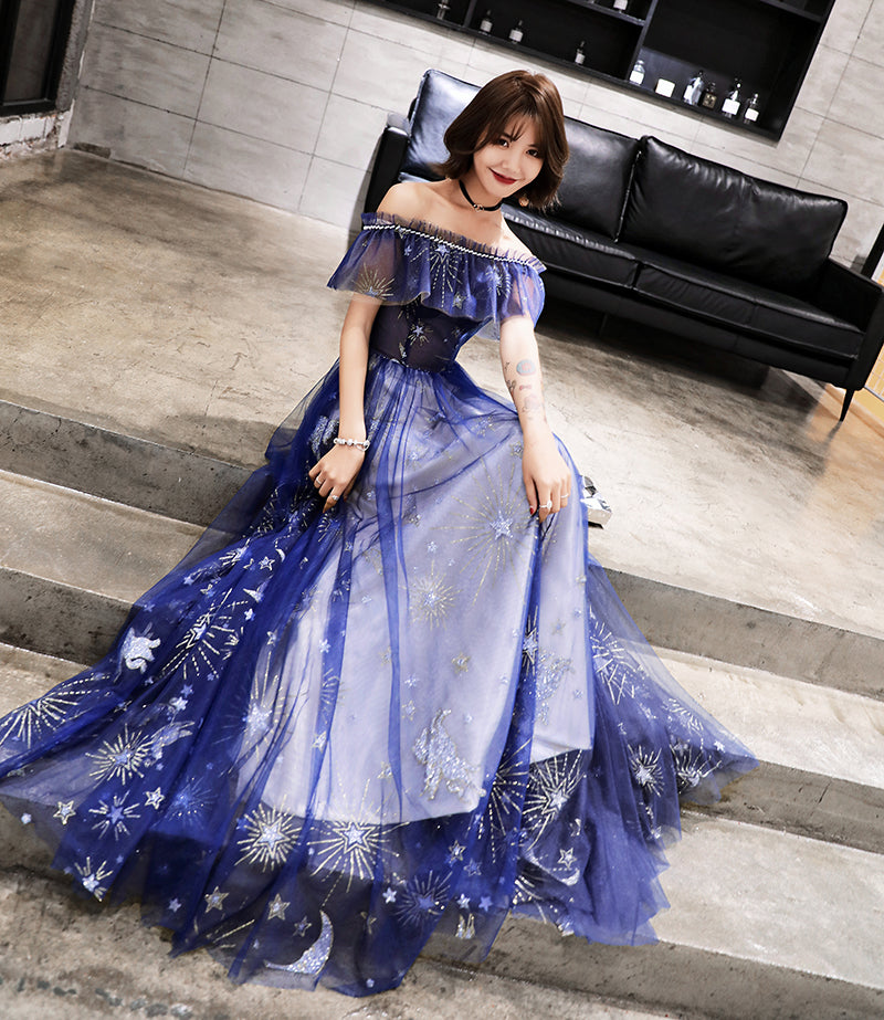 Blue tulle long prom dress with stars  8481