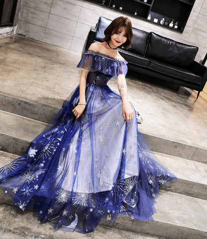 Blue tulle long prom dress with stars  8481