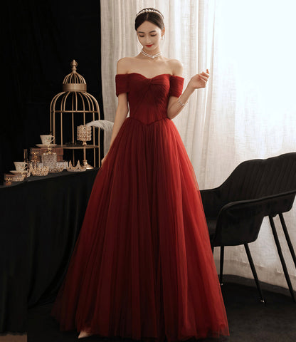 Burgundy tulle long A line prom dress evening dress  8874