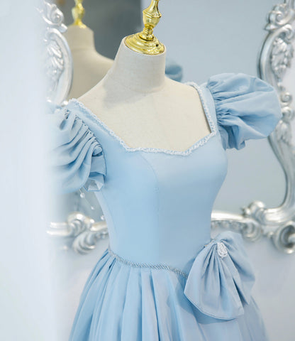 Blue saitn long A line prom dress blue evening dress  8840