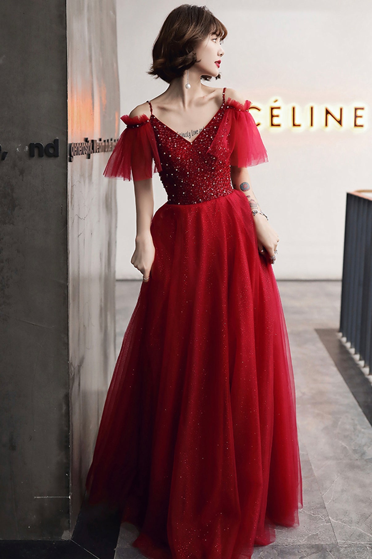 Burgundy tulle beads long A line prom dress evening dress  8767