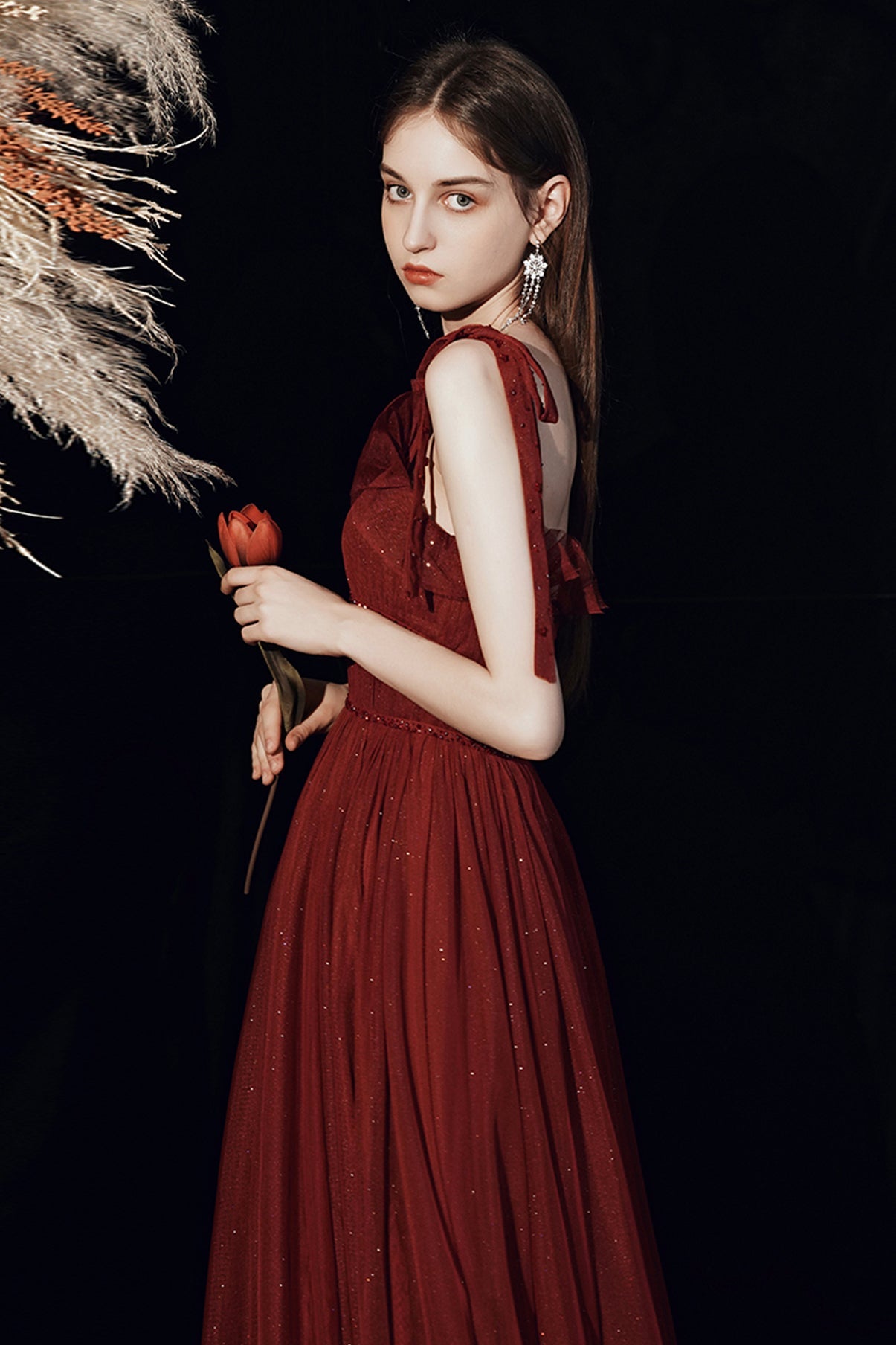 Burgundy tulle long A line prom dress evening dress  8571