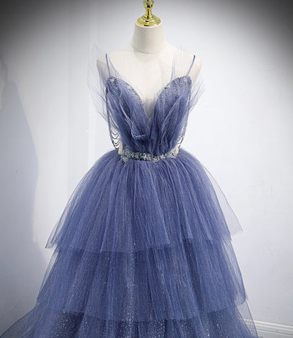 Blue tulle long A line prom dress blue evening dress  8864