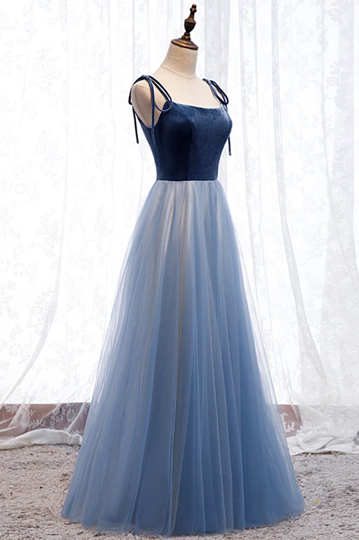 Blue velvet tulle long prom dress blue evening dress  8637