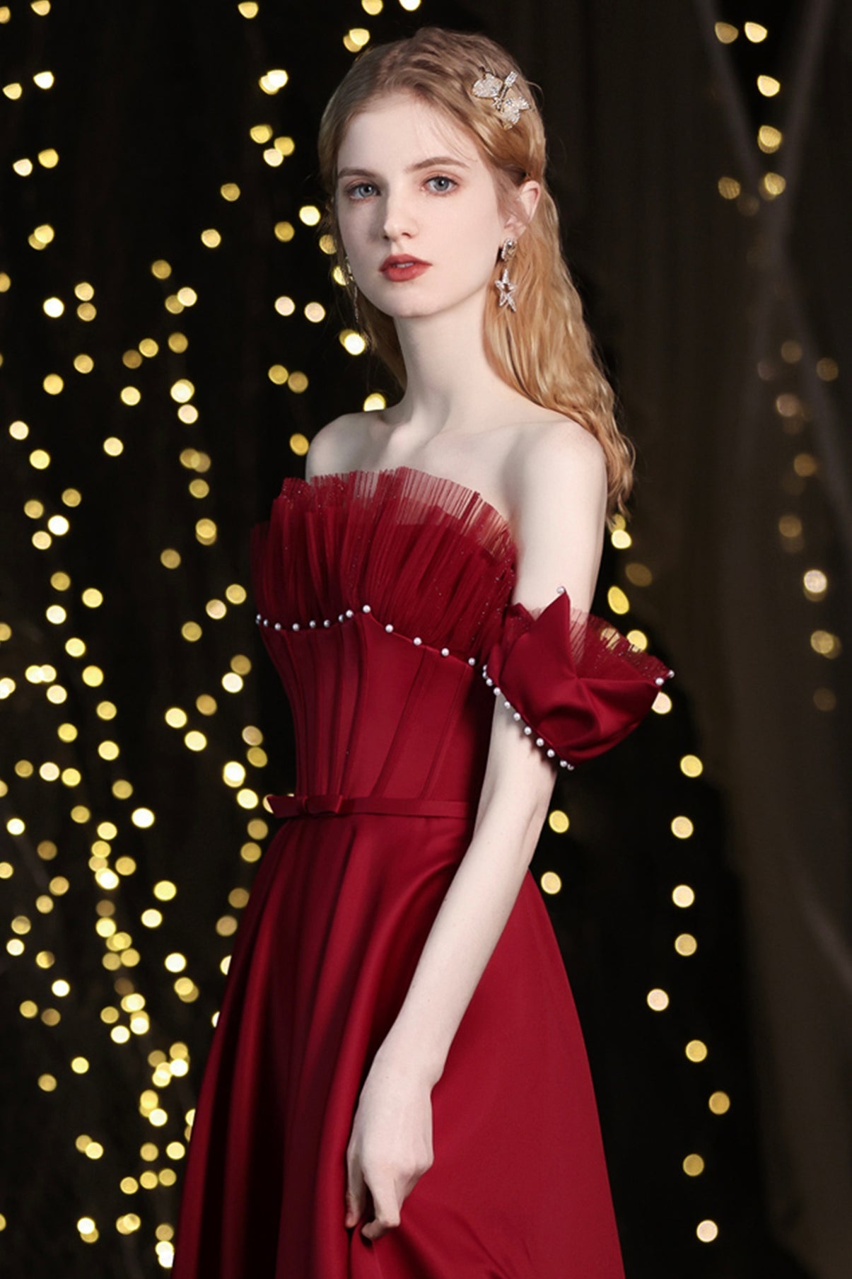 Burgundy satin long A line prom dress evening dress  8774