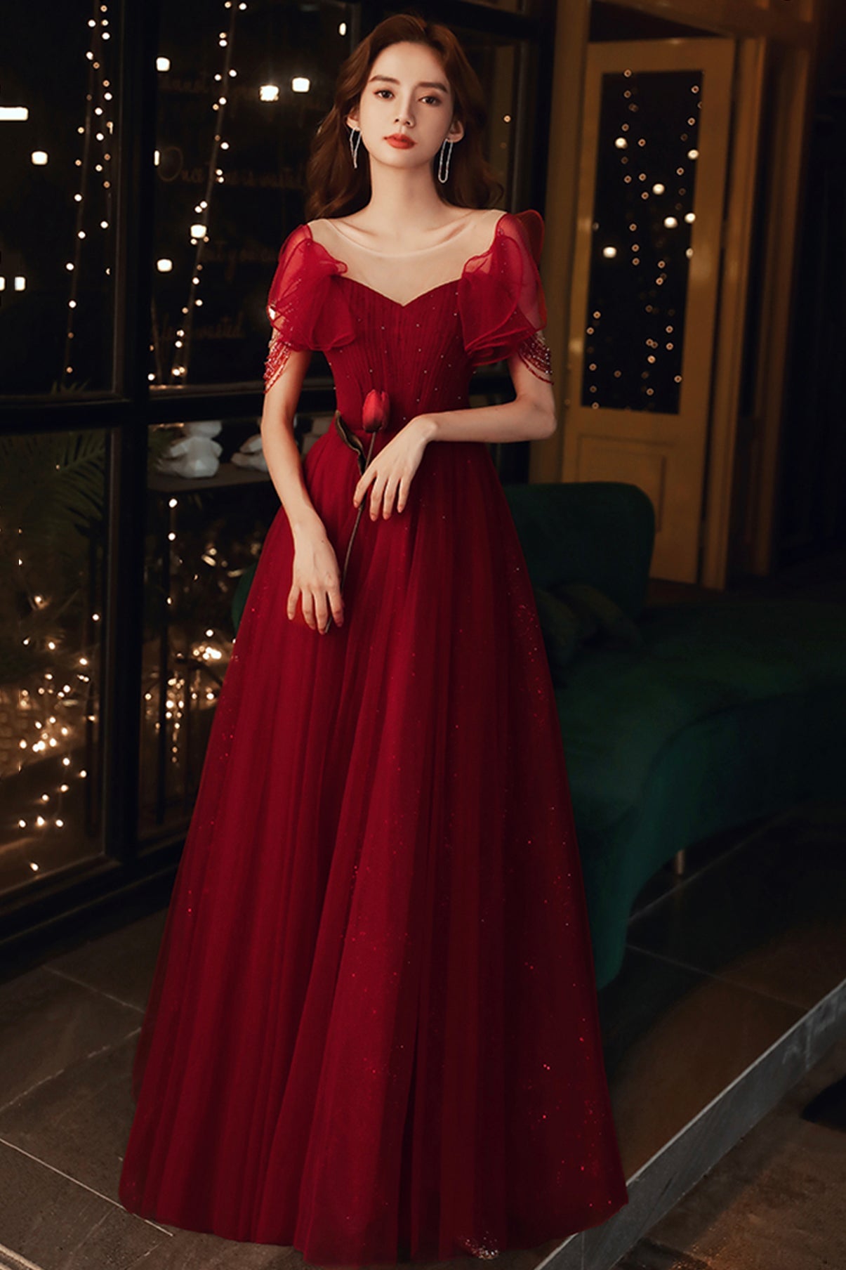 Burgundy tulle long A line prom dress evening dress  8680