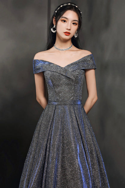 Simple A line v neck long prom dress off shoulder evening dress  8503