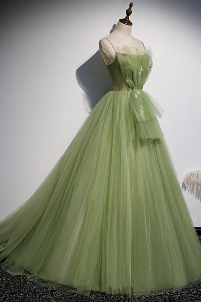Green tulle long A line prom dress  8589