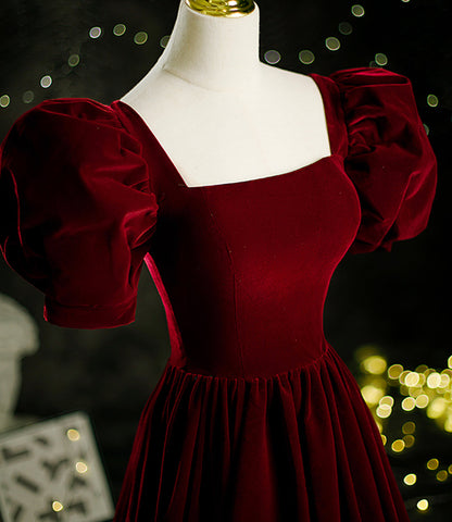 Burgundy velvet long A line prom dress evening dress  8804