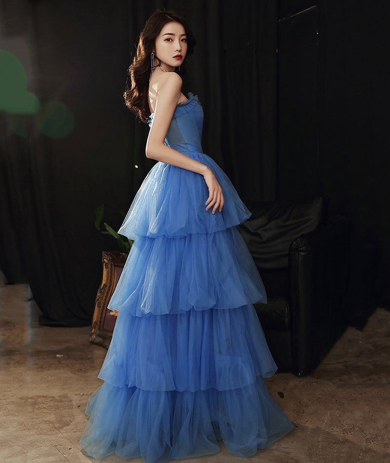 Blue tulle long prom dress blue evening dress  8522