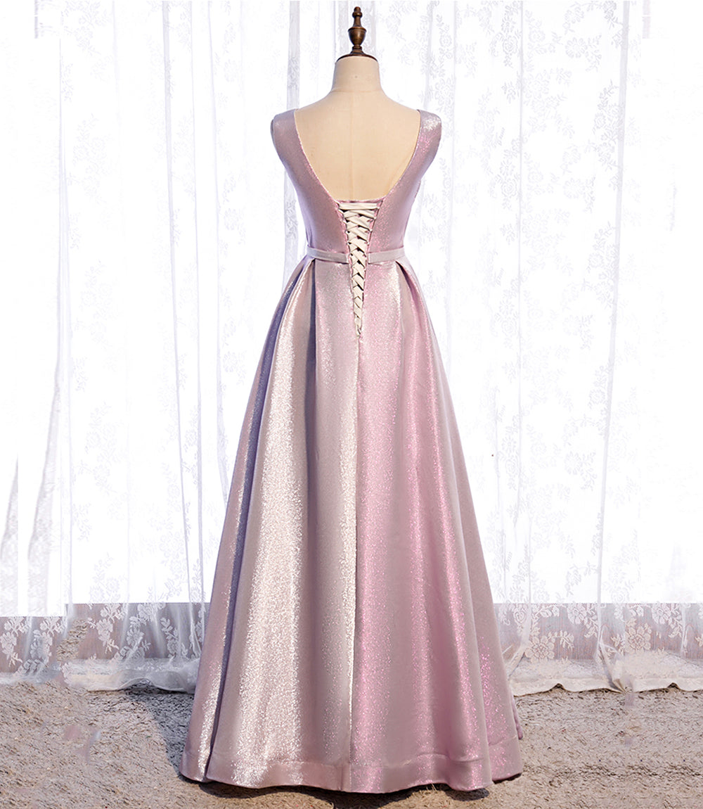Pink satin long prom dress pink evening dress  8517
