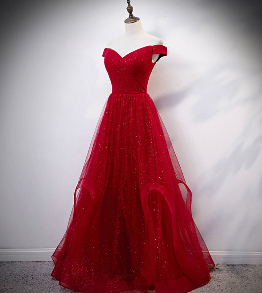 Burgundy tulle long prom dress evening dress  8389