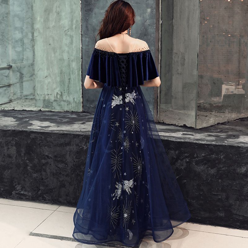Blue velvet tulle prom dress A line evening dress  8480