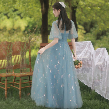 Blue tulle lace long prom dress evening dress  8999