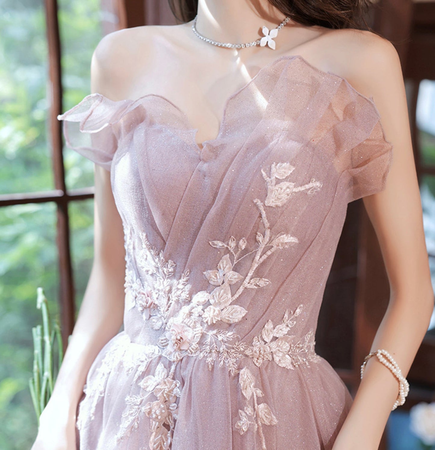 Pink tulle lace long A line prom dress evening gown  8952