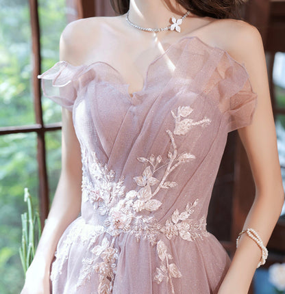 Pink tulle lace long A line prom dress evening gown  8952