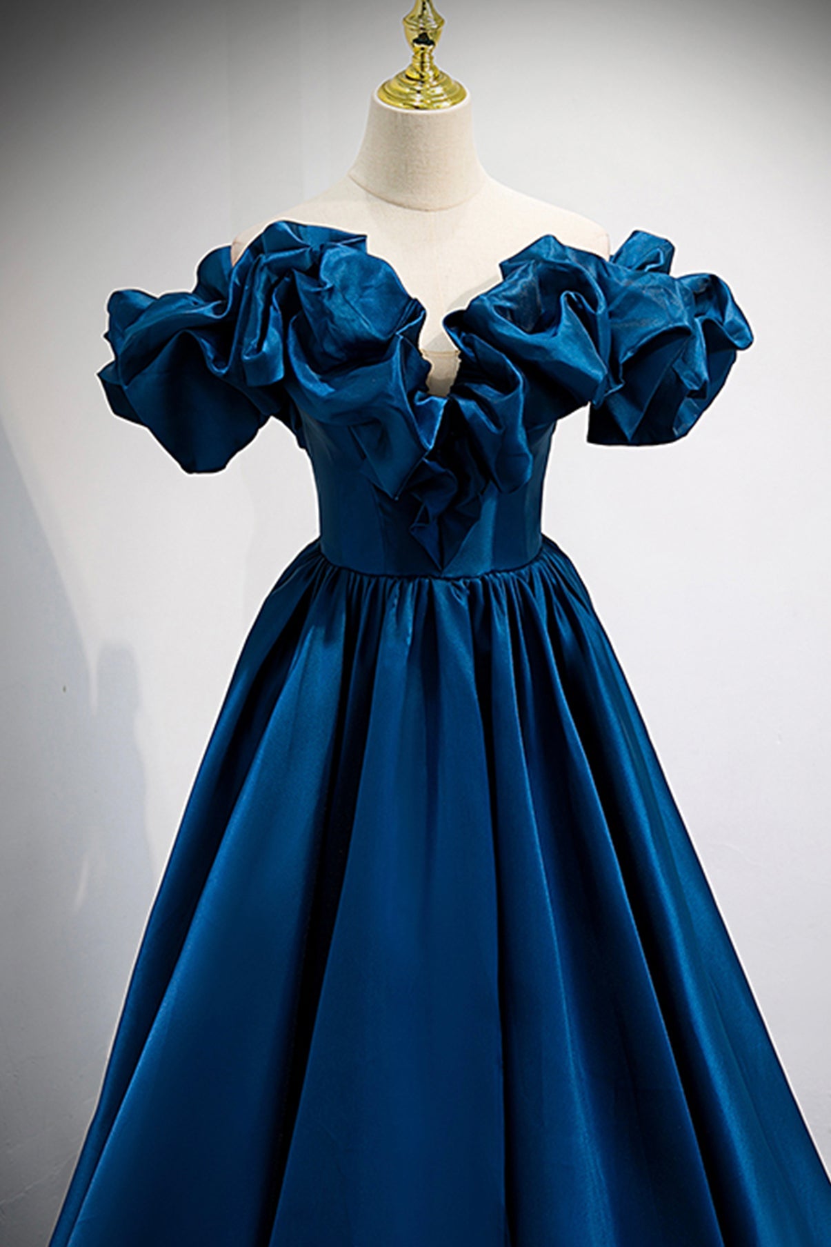 Blue satin long A line prom dress blue evening dress  8877