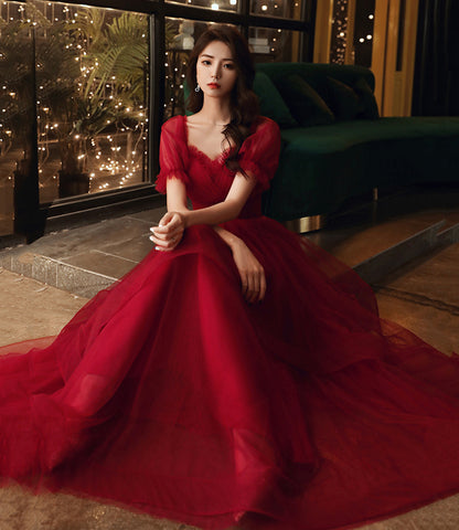 Burgundy tulle long prom dress evening gown  8959