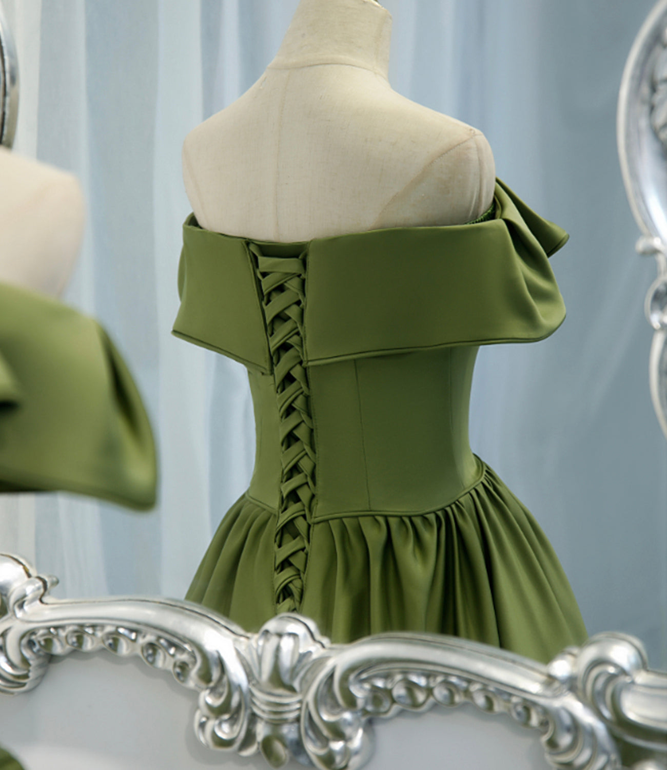 Green satin long A line prom dress green evening dress  8819