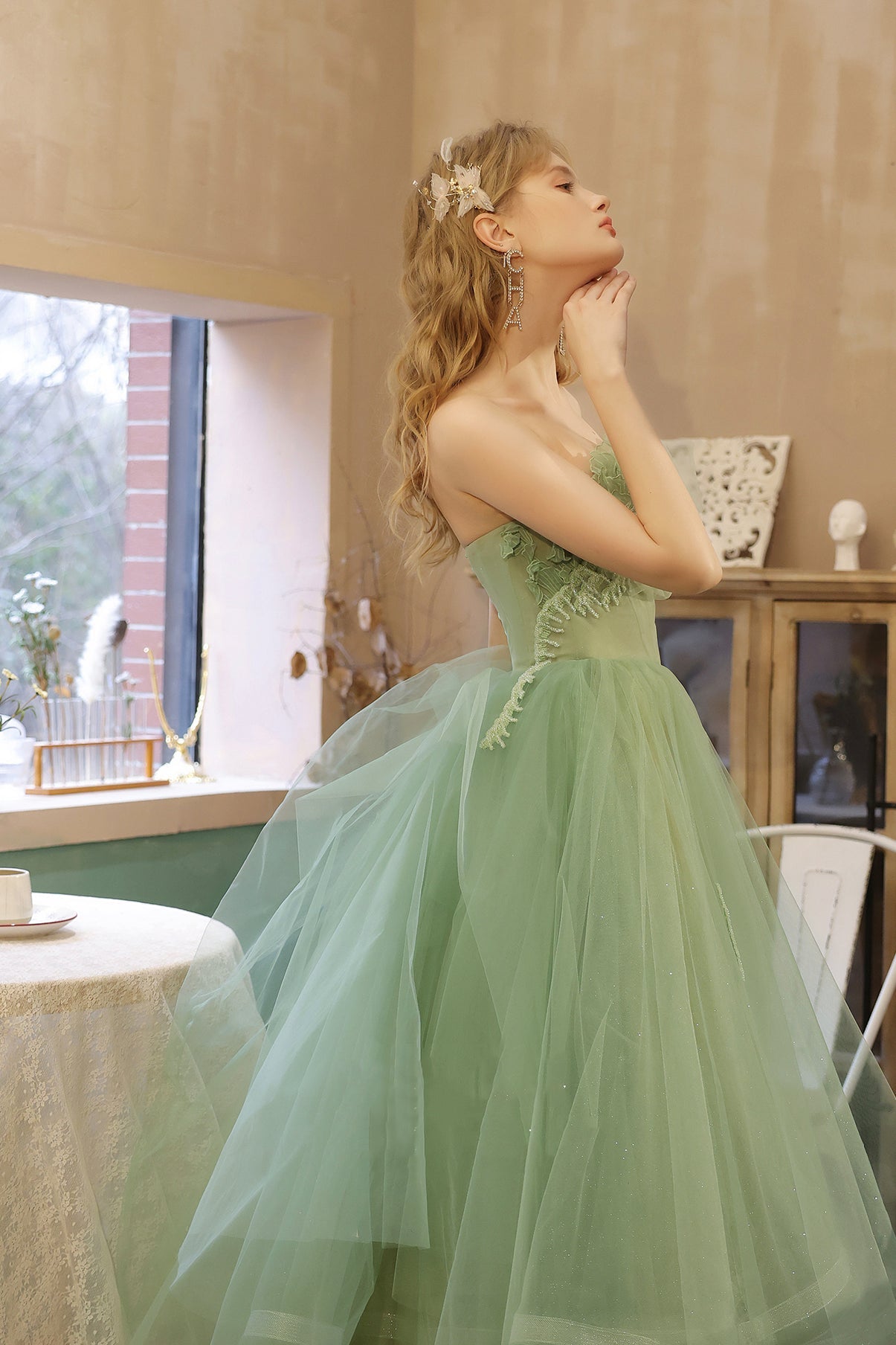 Green tulle short prom dress green evening dress  8633