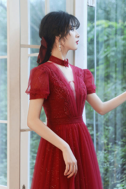 Burgundy tulle long A line prom dress evening dress  8757