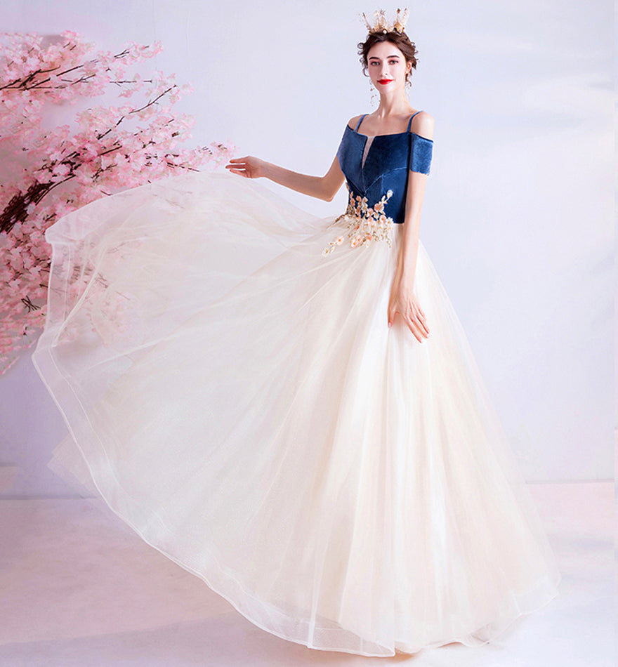 Blue velvet tulle long prom dress evening dress  8447