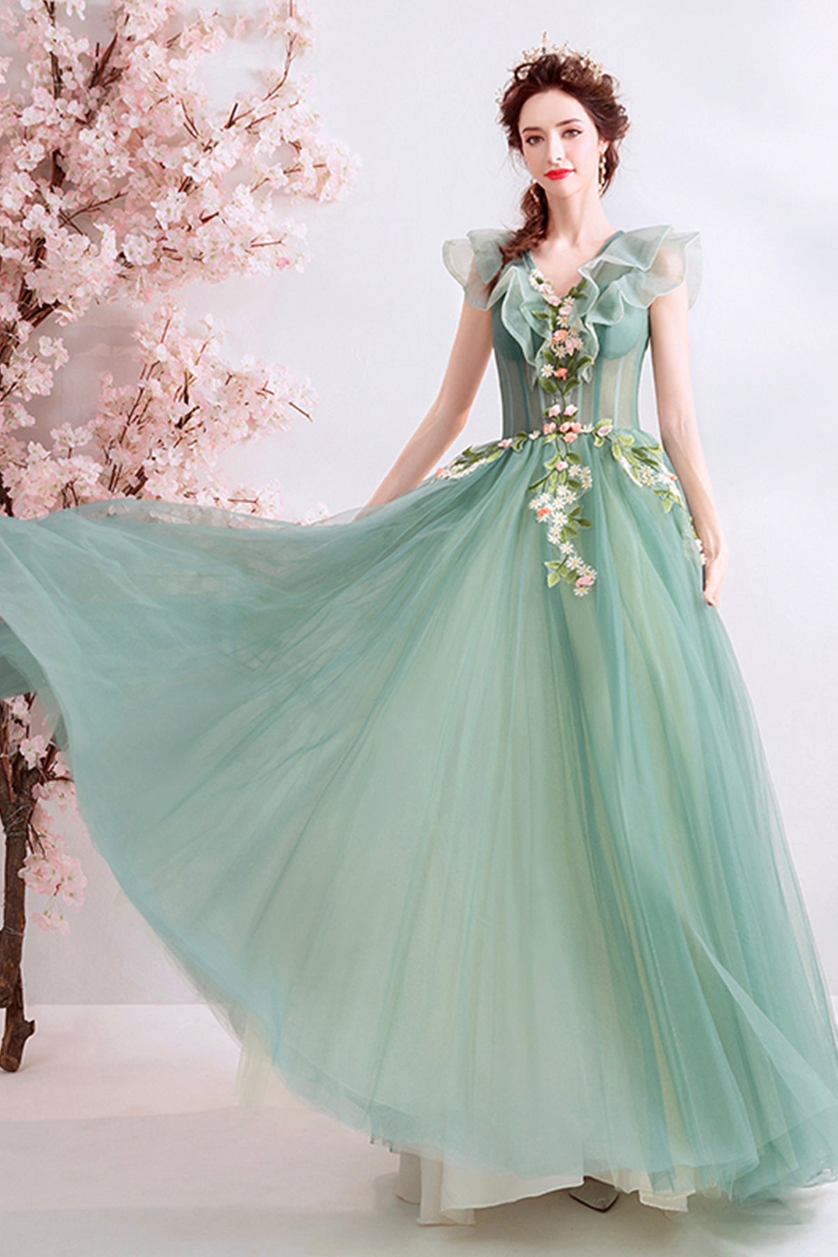 Green tulle long A line prom dress evening dress  8709