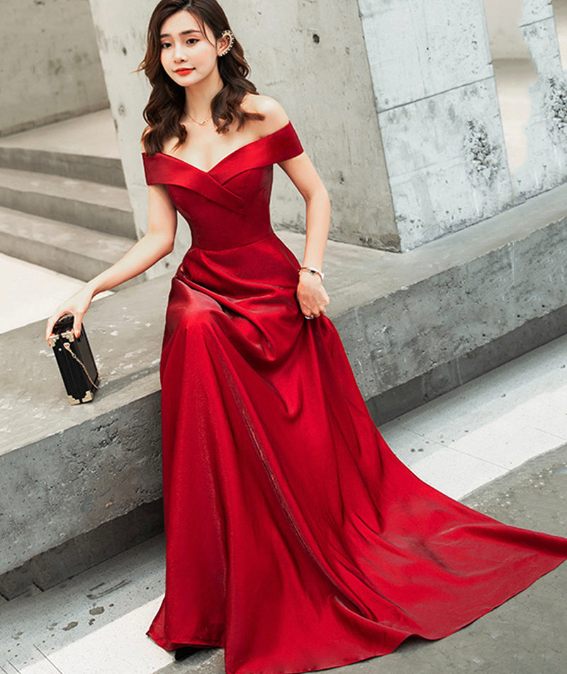 Burgundy satin long prom dress cute evening dress  8468