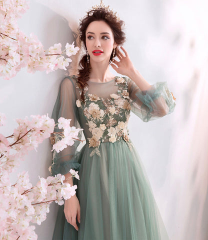 Green tulle lace long A line prom dress evening dress  8925