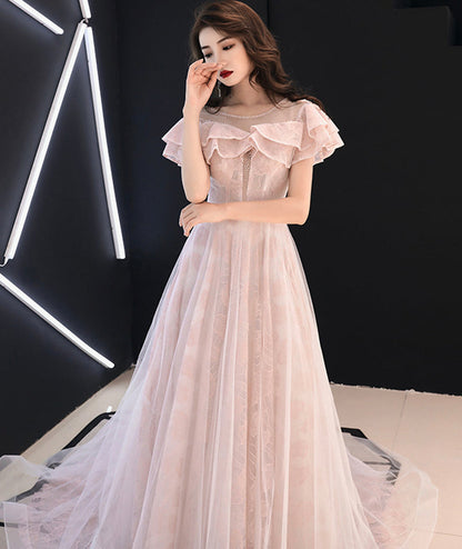 Pink lace tulle long prom dress pink evening dress  8372
