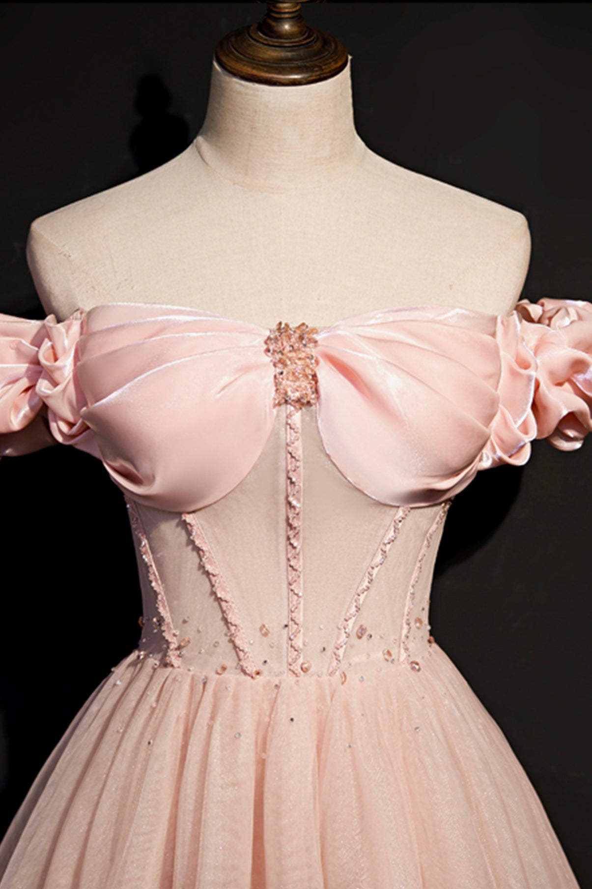 Pink tulle long A line prom dress pink evening dress  8693