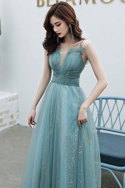 Blue tulle long A line prom dress blue evening dress  8581