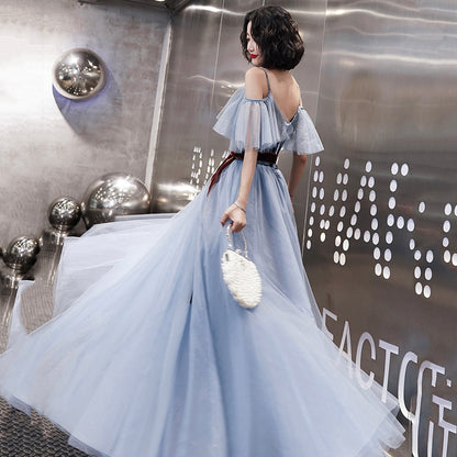 Blue tulle long A line prom dress evening dress  8995