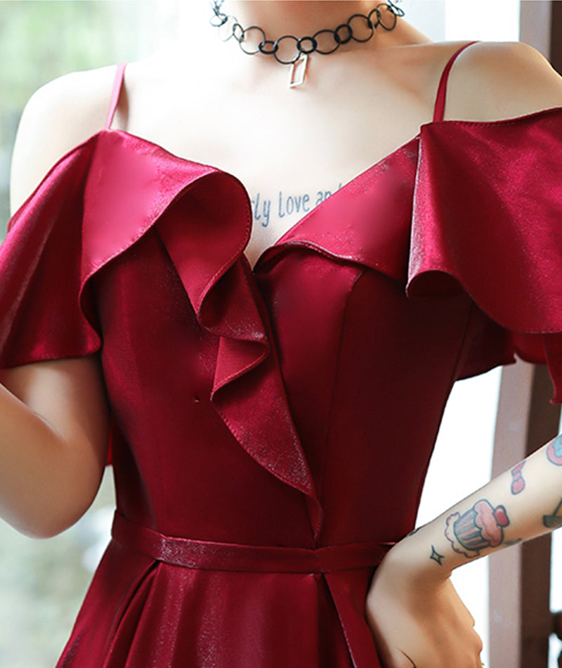 Burgundy satin prom dress simple evening dress  8379