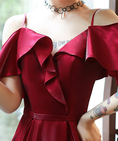 Burgundy satin prom dress simple evening dress  8379