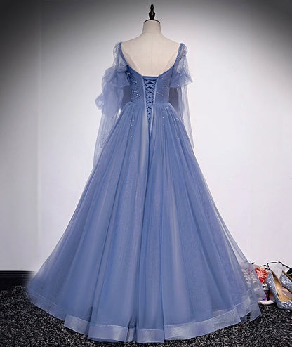 Blue tulle long prom dress simple evening dress  8430