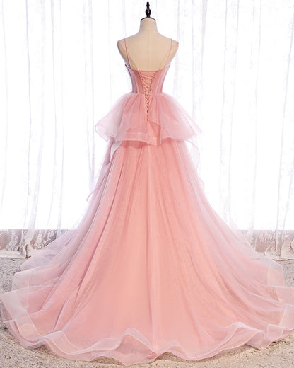 Pink tulle long prom dress pink evening dress  8518